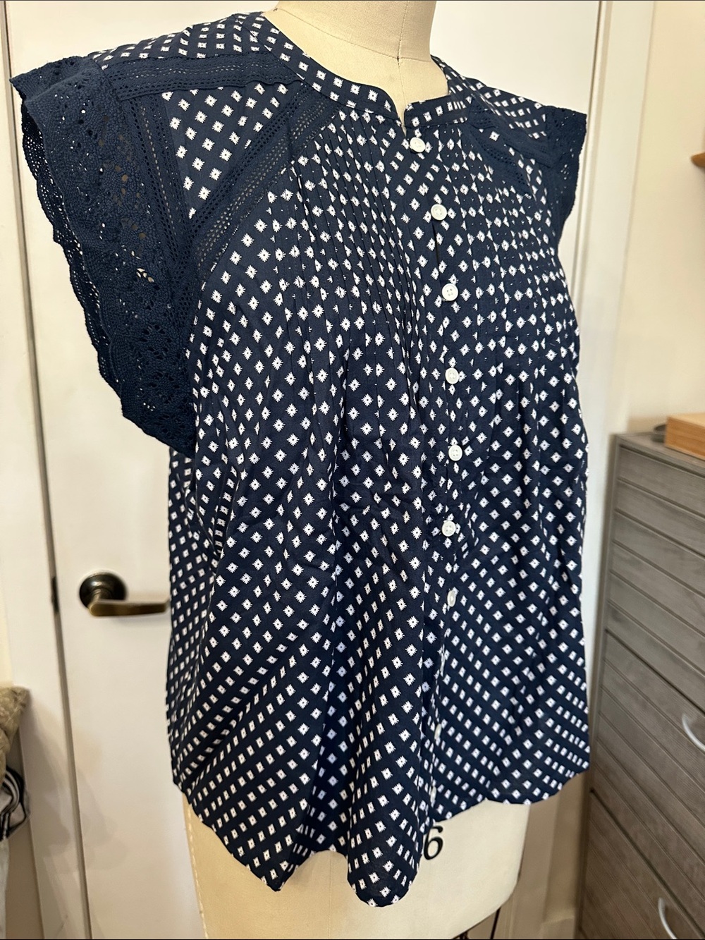 J. Crew Navy and White Diamond-Print Button Front Top
